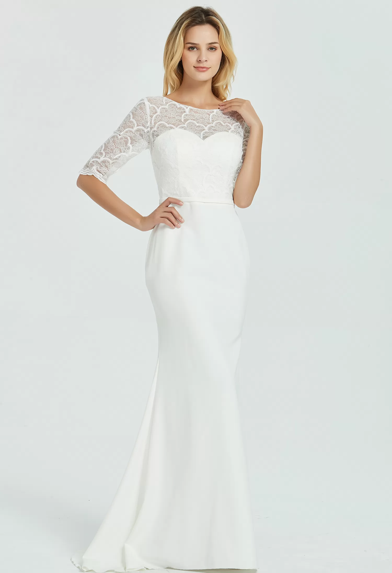 Crepe Long Sleeve Modest  Lace  Sheath Wedding Dress