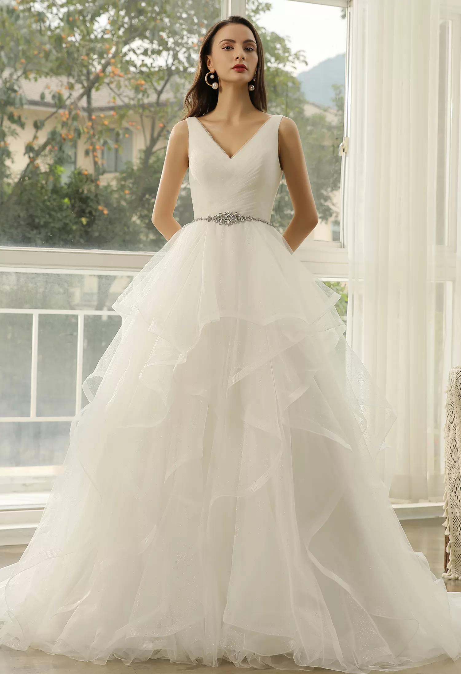 Wedding Dress In Ruffed Glitter Tulle With Princess Silhouette