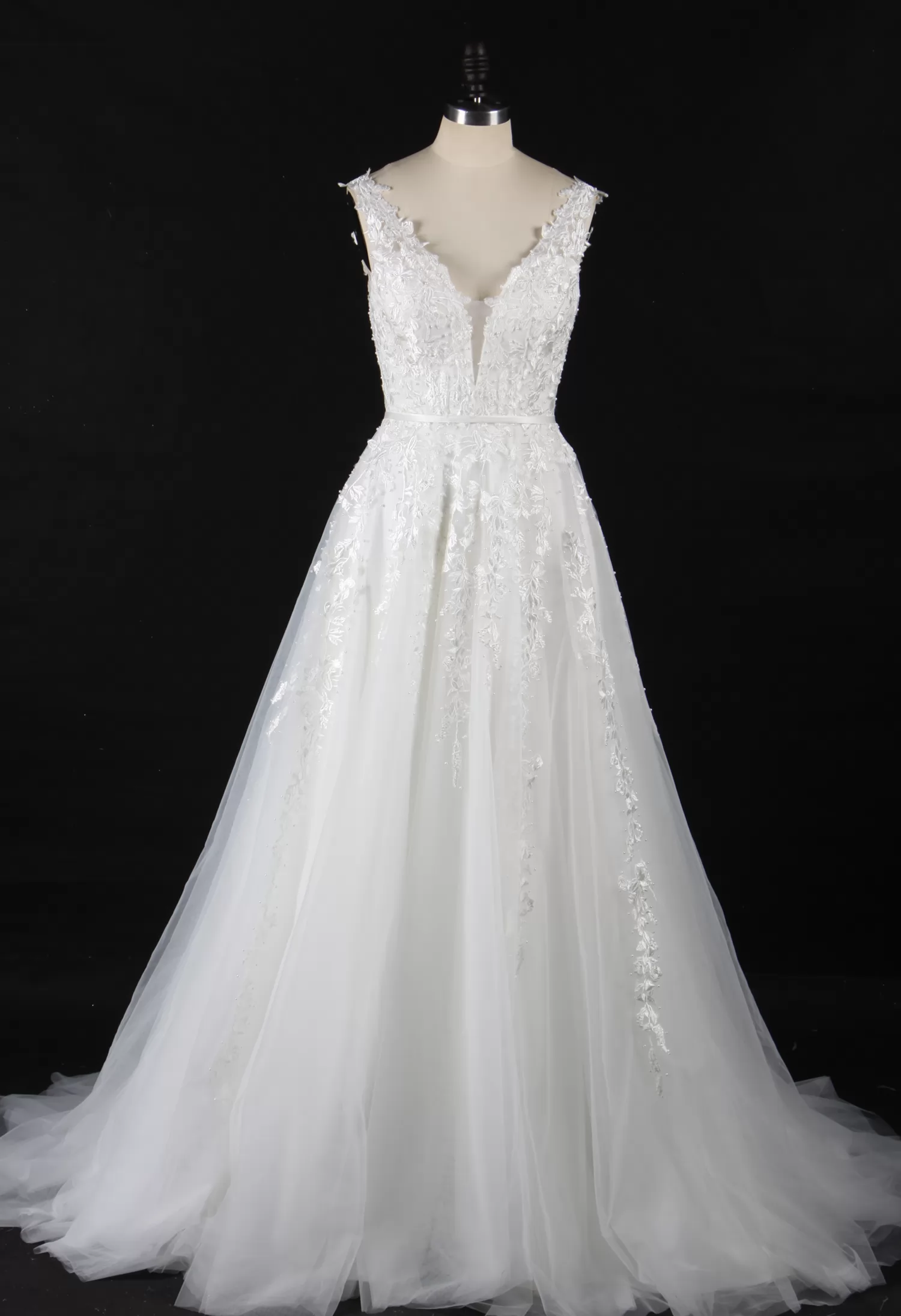 Plunging V-Neck Beaded Lace Wedding Dress
