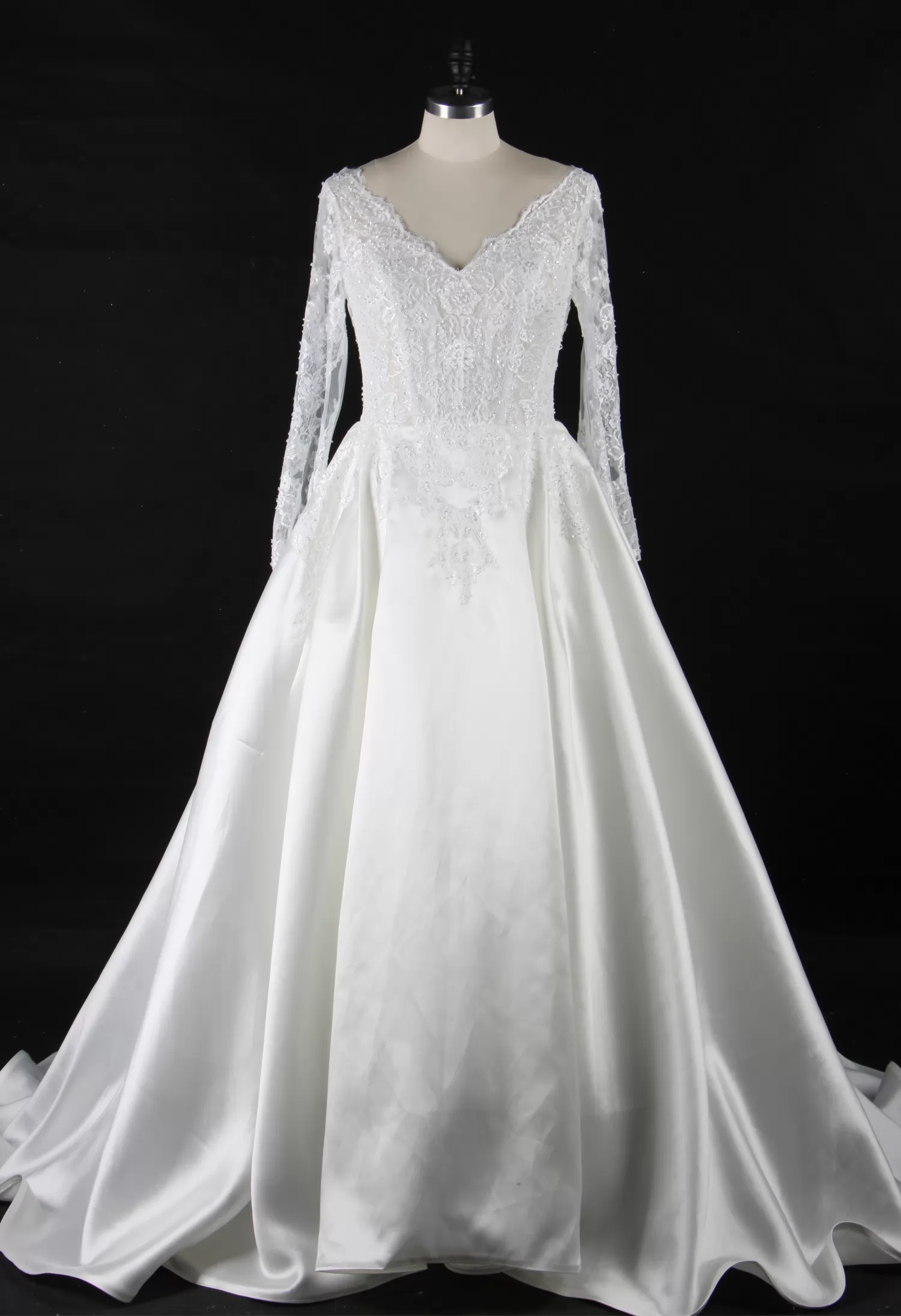 Elegant Long Sleeves Satin Wedding Gown With Lace Keyhole Back