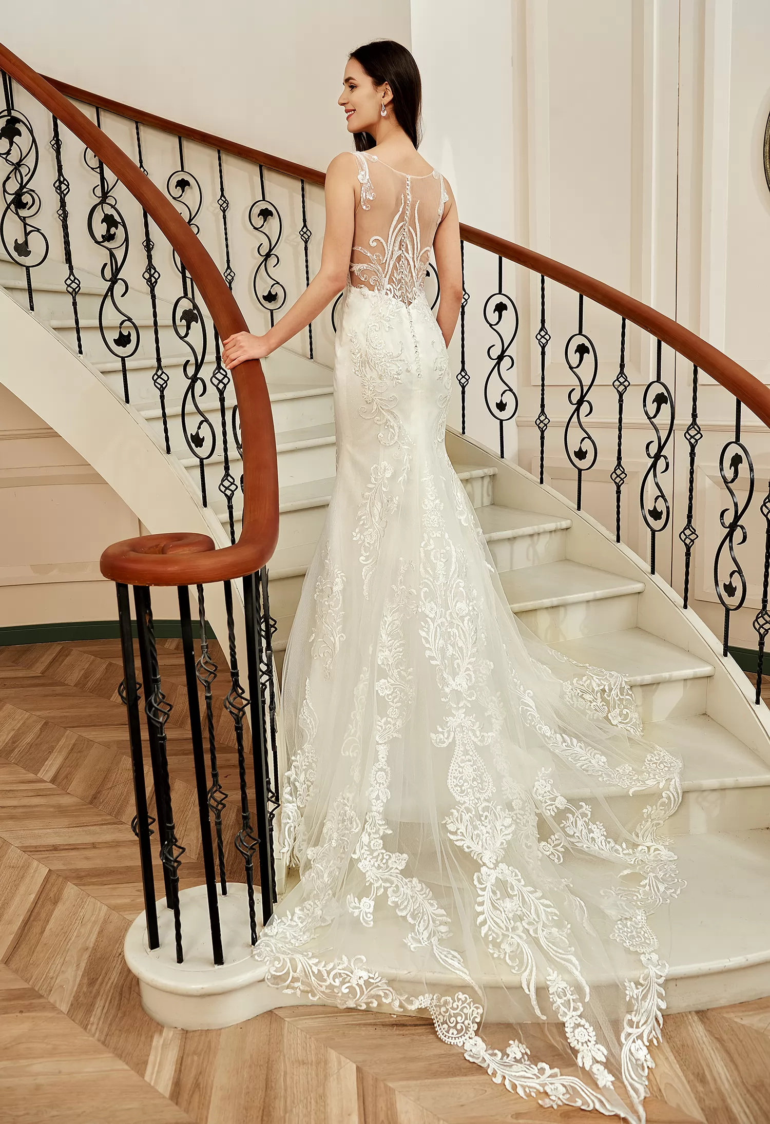 Sequin Beaded Illusion Back Wedding Dress With Long Lace Tulle Trian