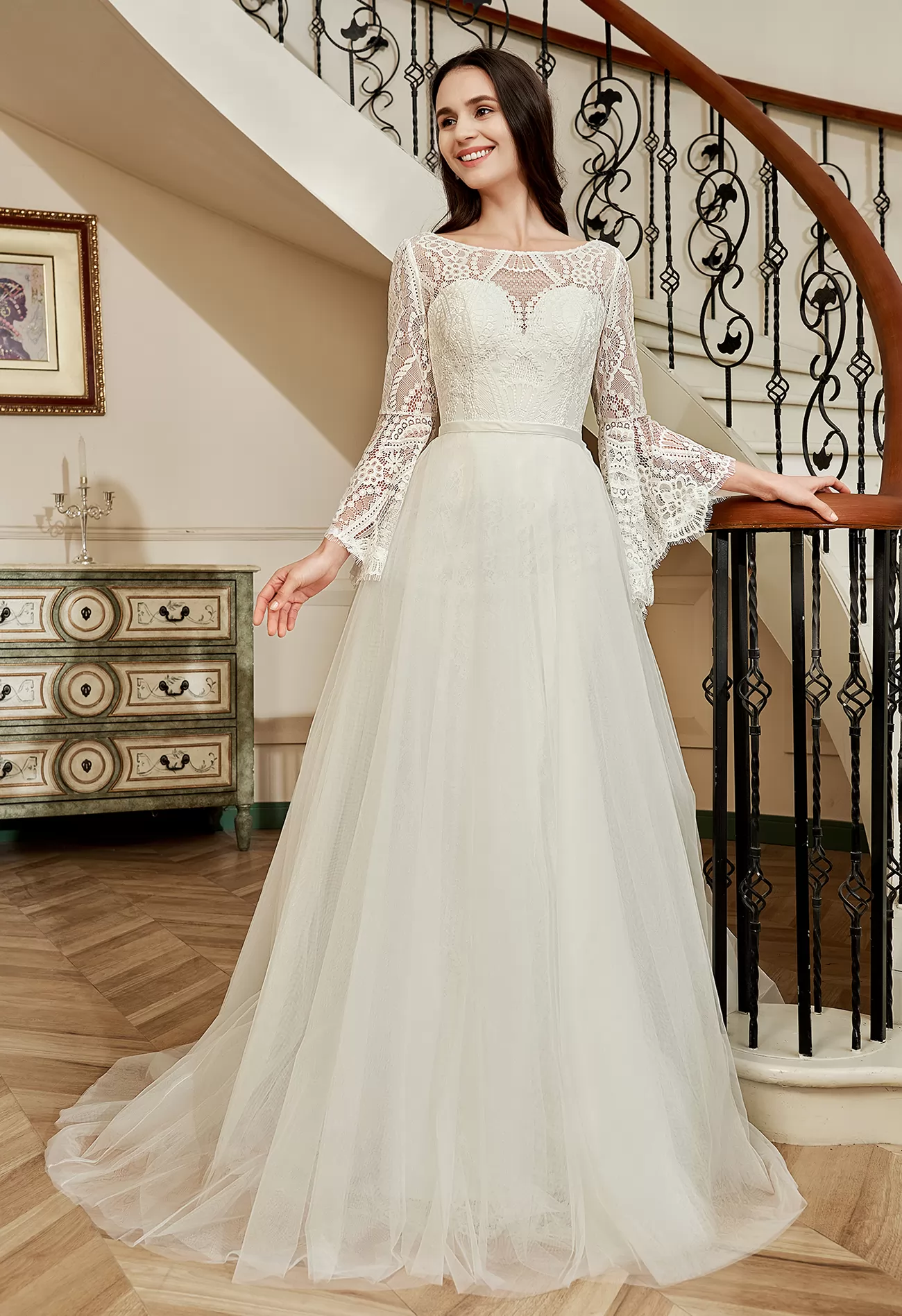 Illusion Neckline Lace Wedding Dress With Removeable Overskirt