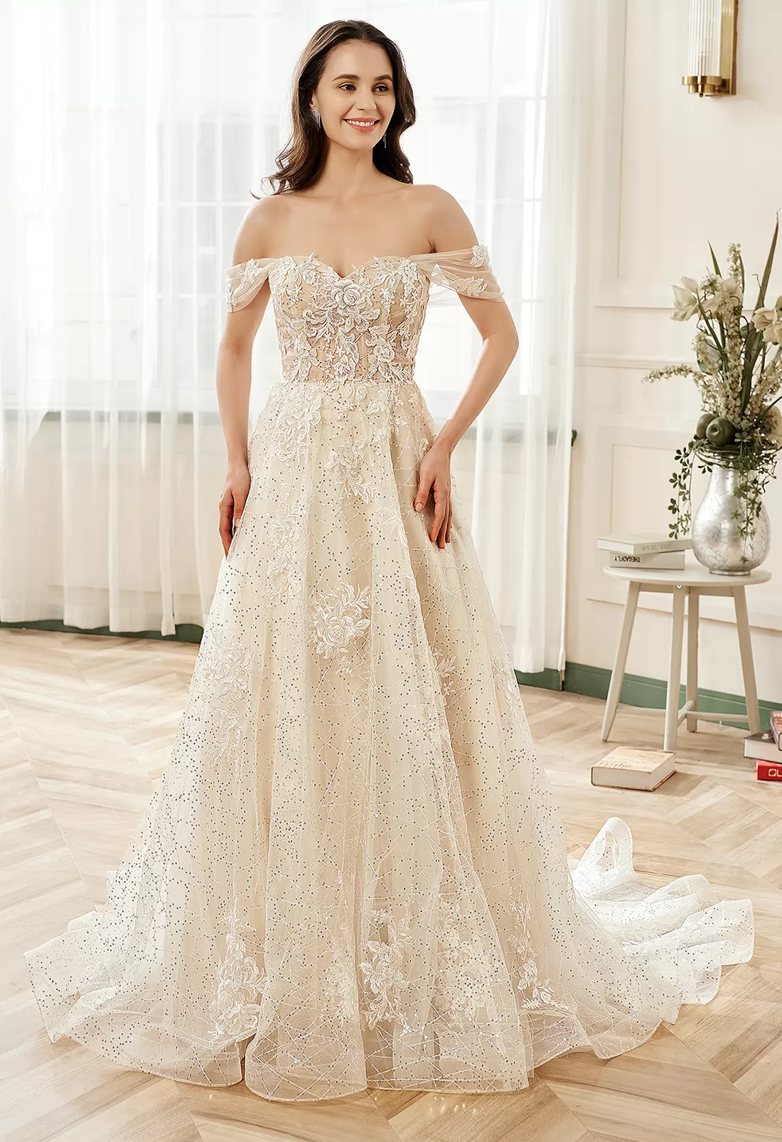 Floral Lace Sweetheart Sequin Tulle Wedding Dress With Detachable Straps