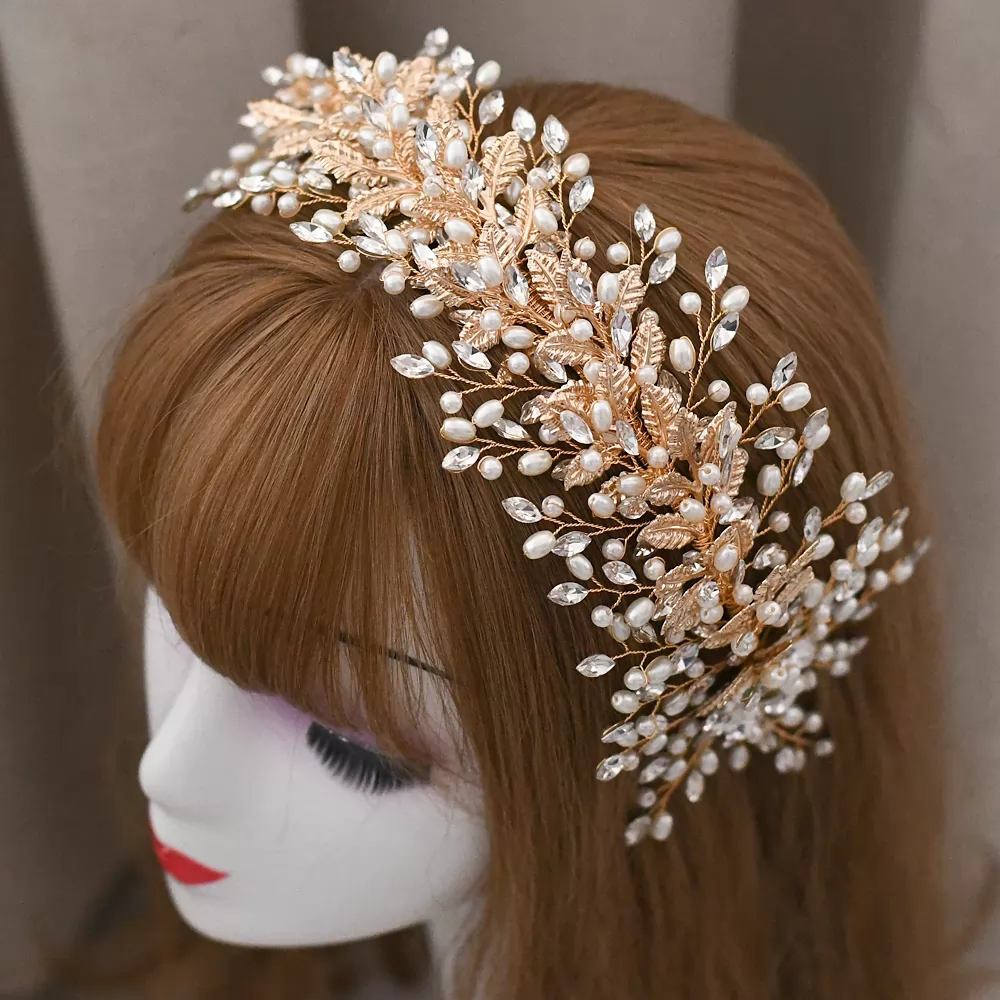 Gold Alloy Rhinestone Pearl Bridal Hair Hoop Headpieces