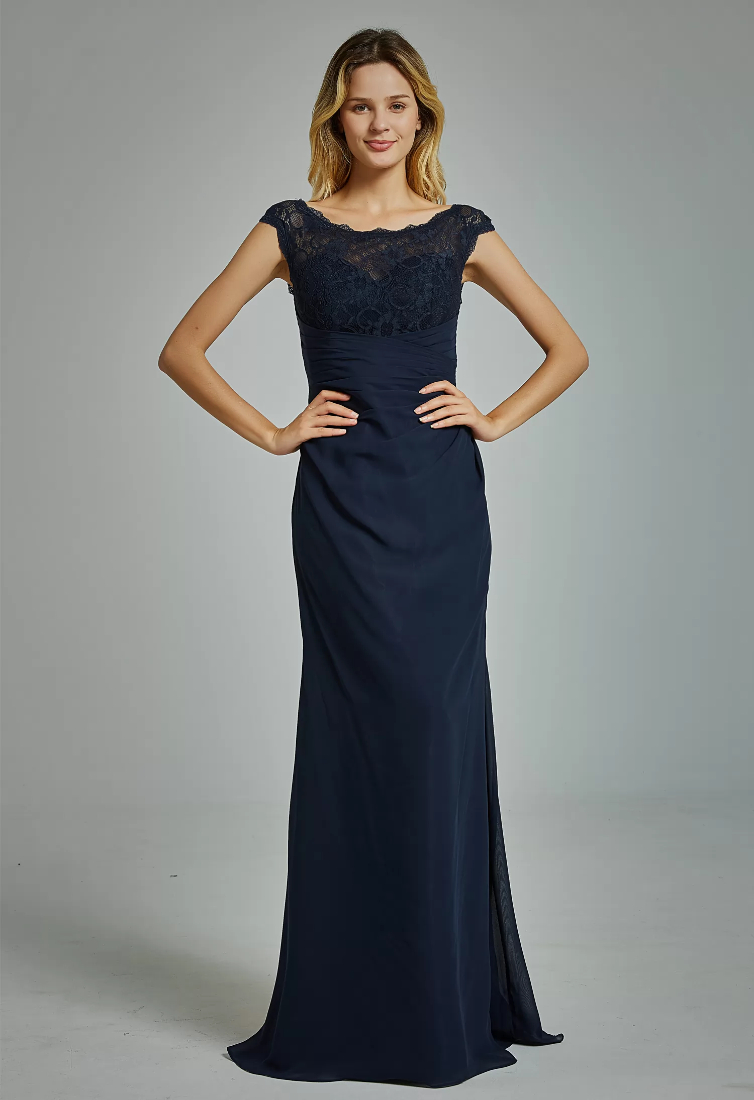 Chiffon Cap Sleeves Bridesmaid Dress with Ruched Bodice