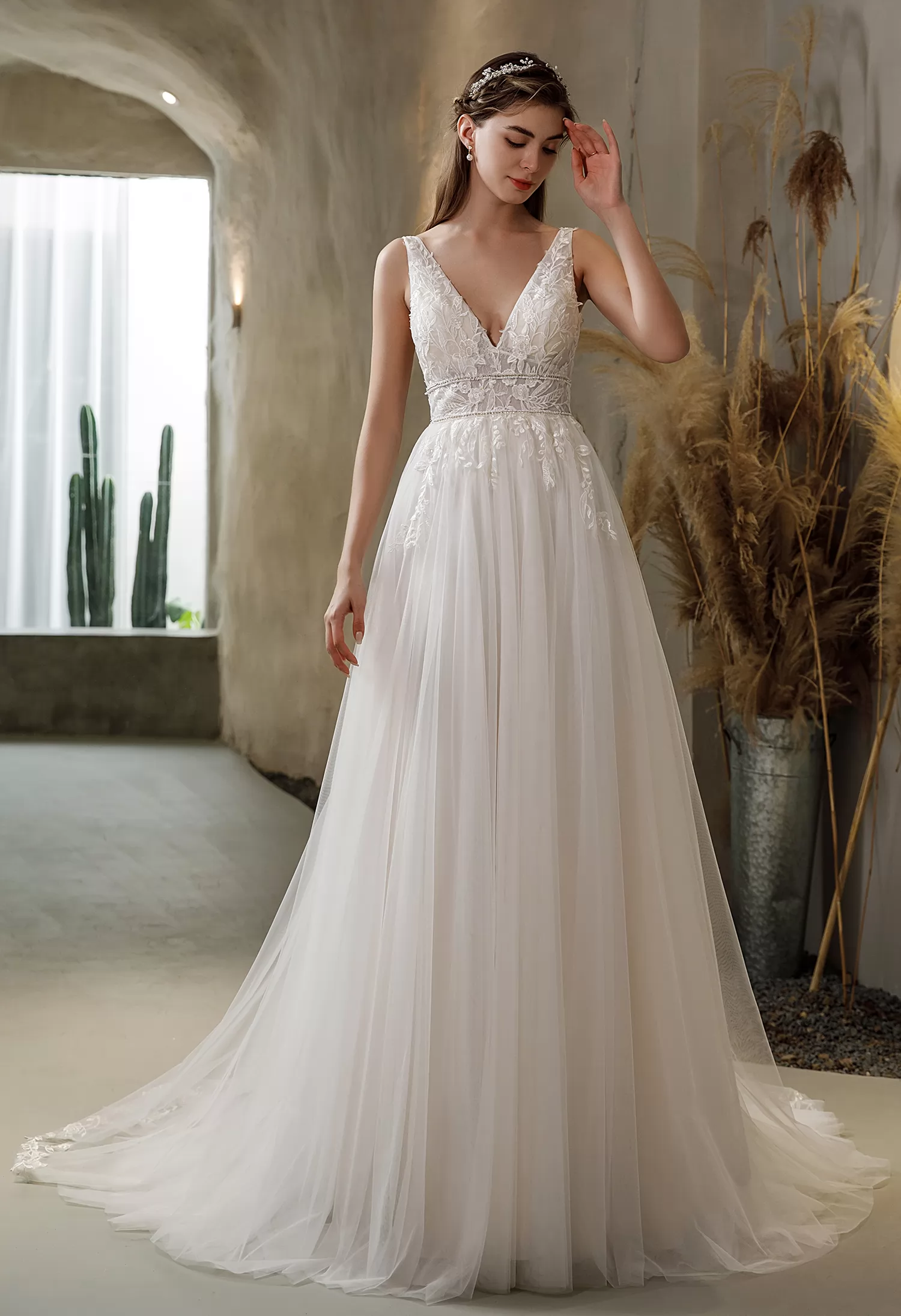 V-neck Tulle Bridal Gown with Double Banded Waist
