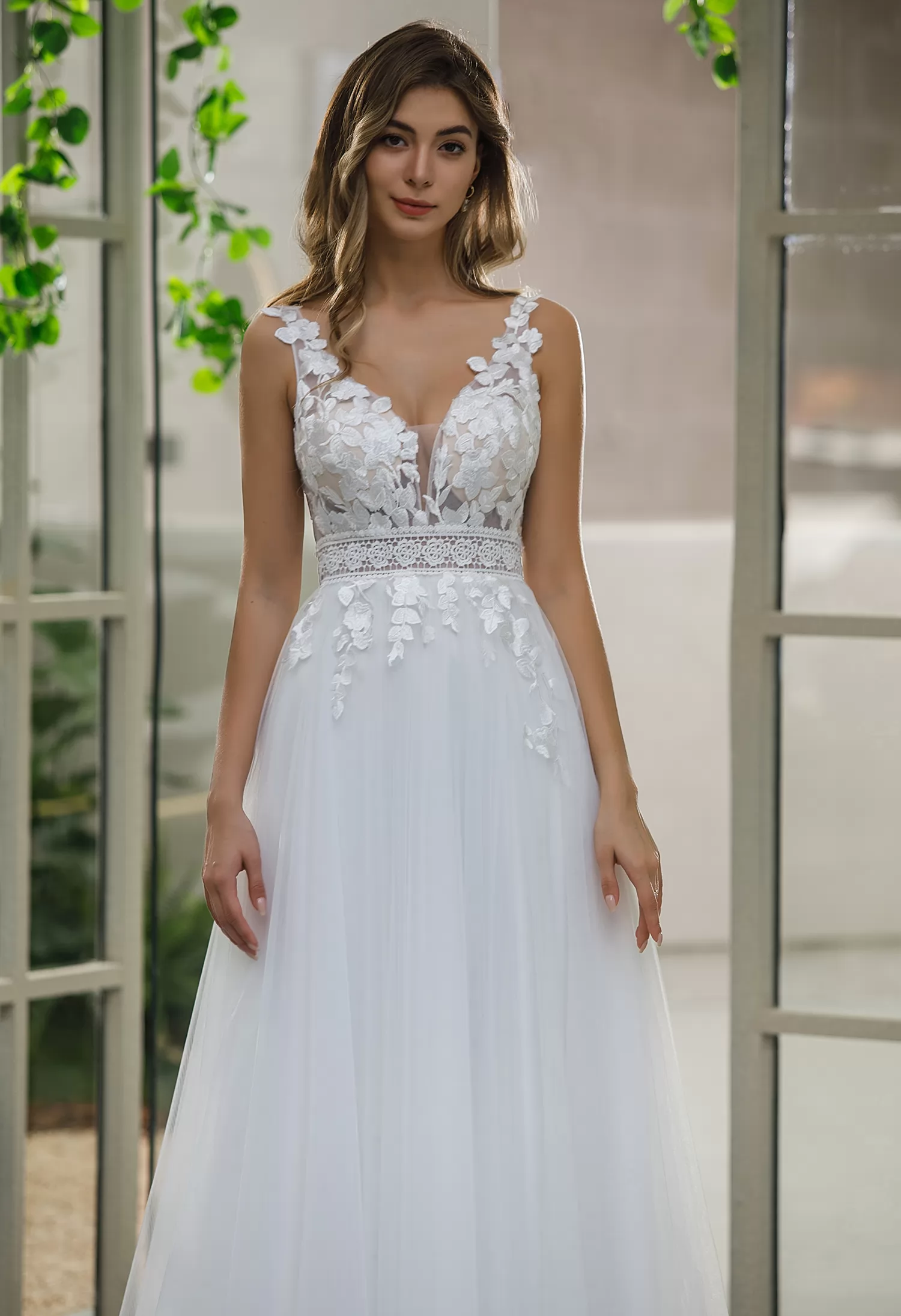 Inspired Lace A-line Wedding Dress With Slit Tulle Skirt