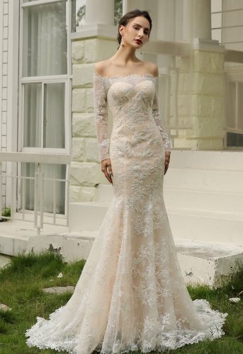Off-the-Shoulder  Sheath Wedding Dress with Luxury Illusion lace