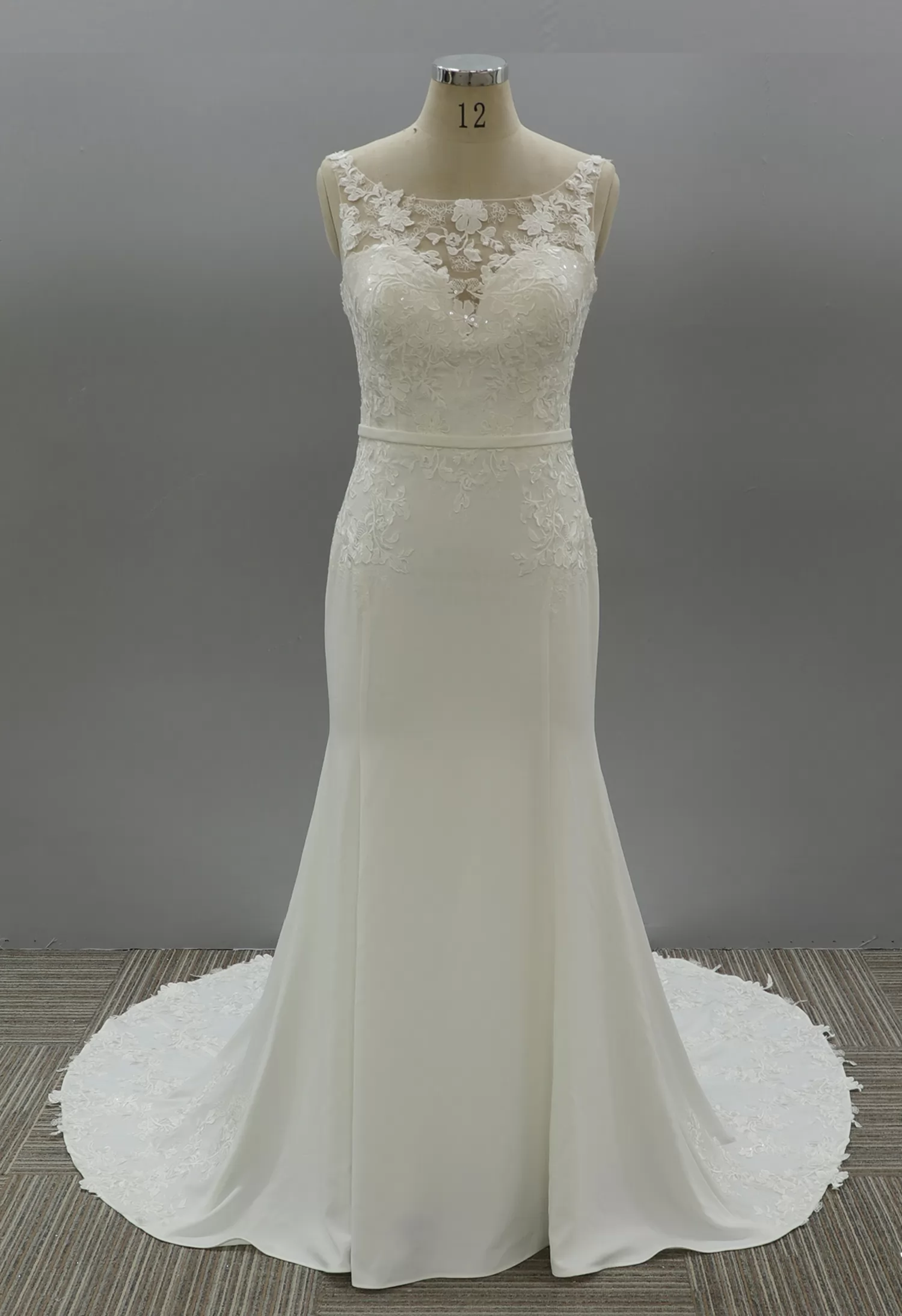 Illusion Hign Neckline Wedding Dress with Crepe Skirt