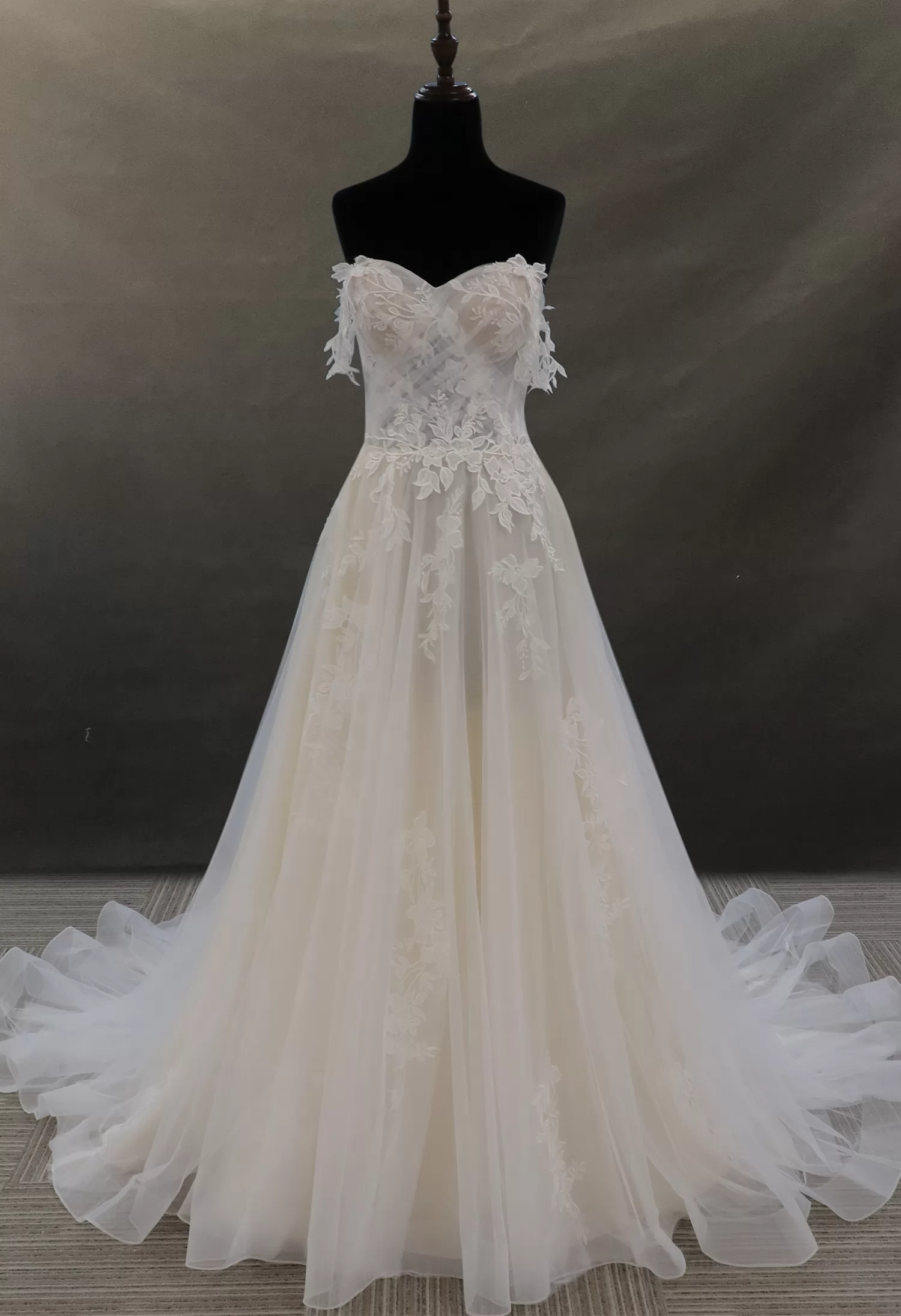 Off-the-shoulder Lace And Tulle Bridal Gown With Sheer Bodice