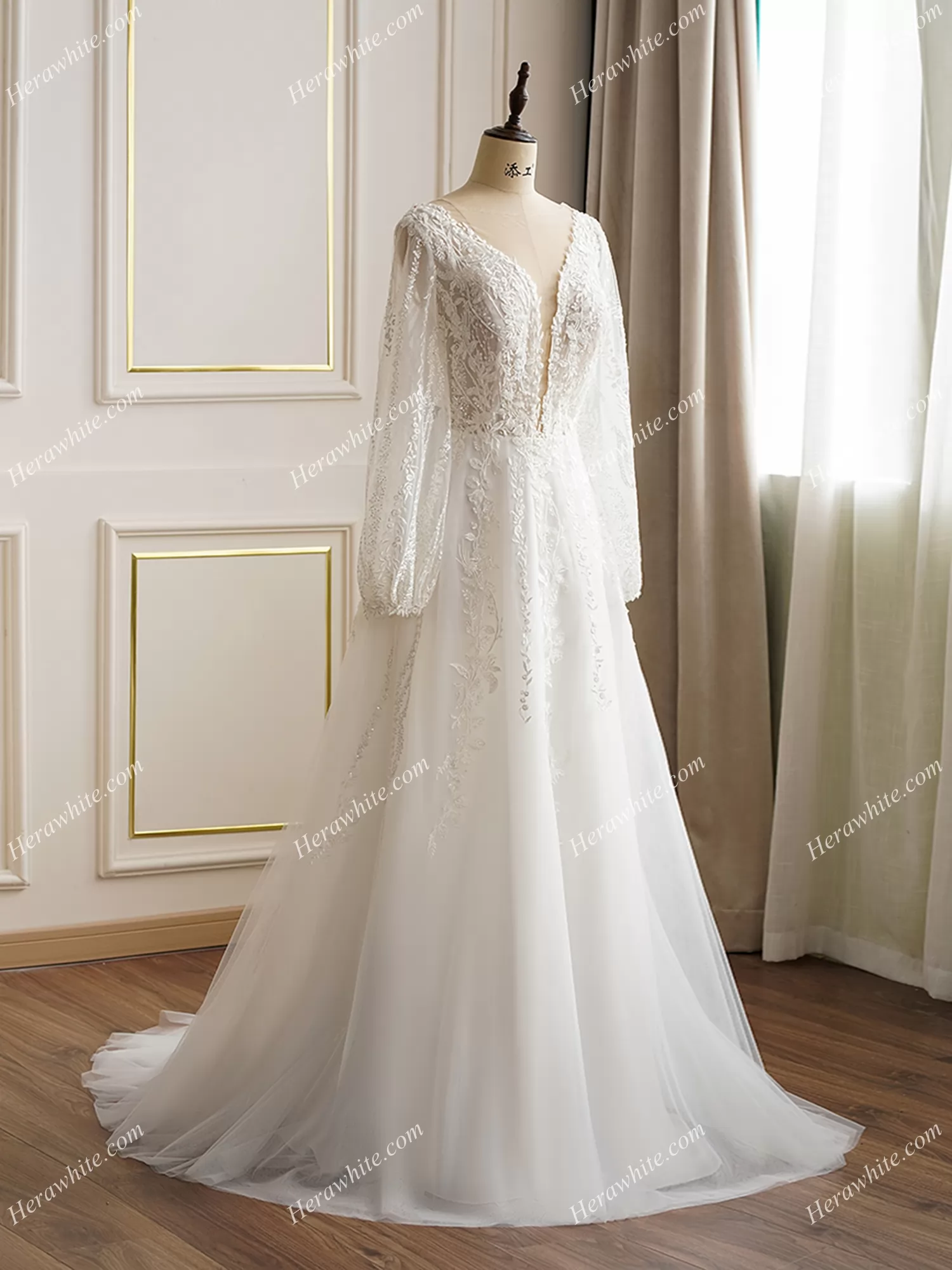 Lace Long Sleeve Plunging Neckline Wedding Dress