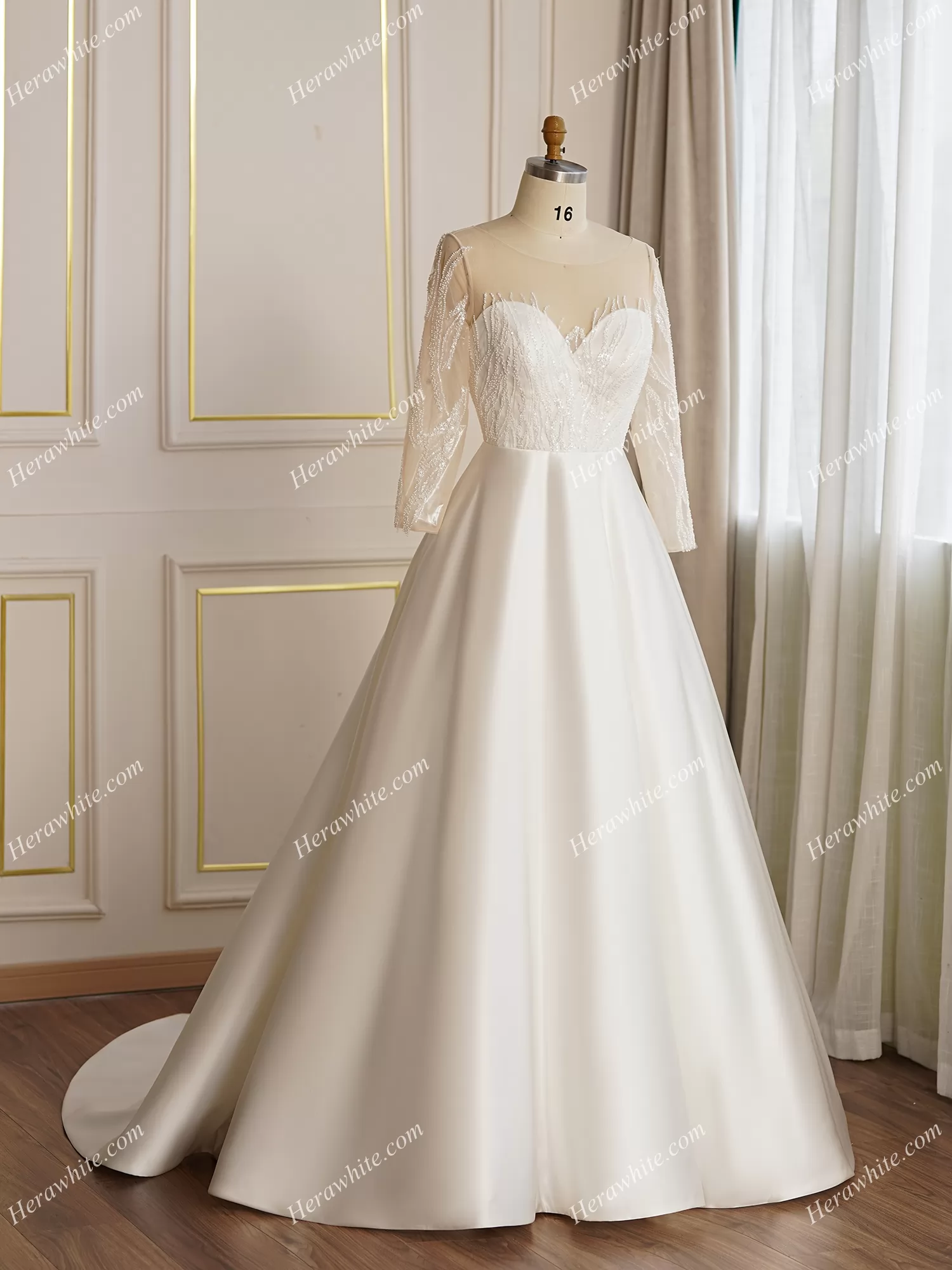Beaded Sheer Long Sleeve Satin Wedding Dress
