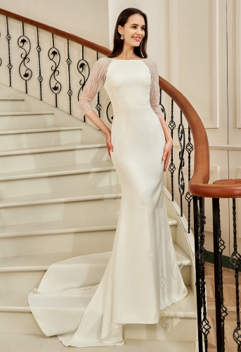 Bateau Neckline Long Train Crepe Bridal Gown With Beaded Illusion Back