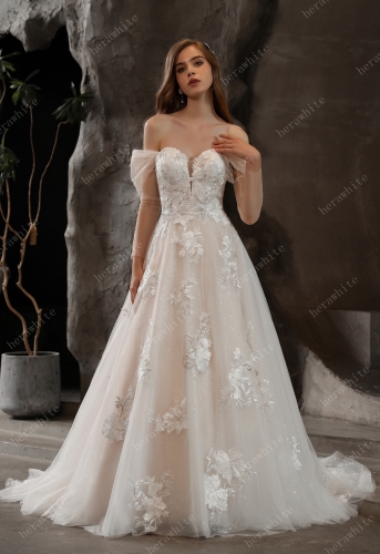 Off-the-Shoulder Romantic Wedding Ball Gown with Glamorous Floral Motifs