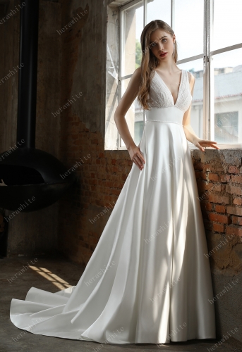 Timeless Satin V-neck Bridal Gown with Chapel Train