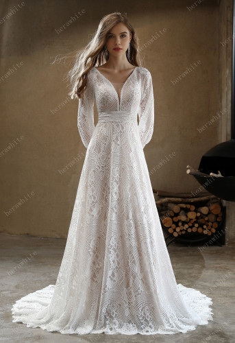 Unique Plunging V-neck Lace Bohemian wedding gown