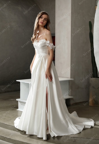 Satin Off-the-shoulder A-line Bridal Gown with Slit Skirt