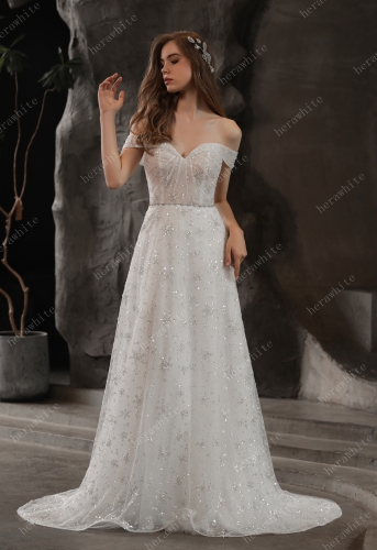 Sparkly Beaded Lace A-Line Bridal Gown With Off the Shoulder Neckline