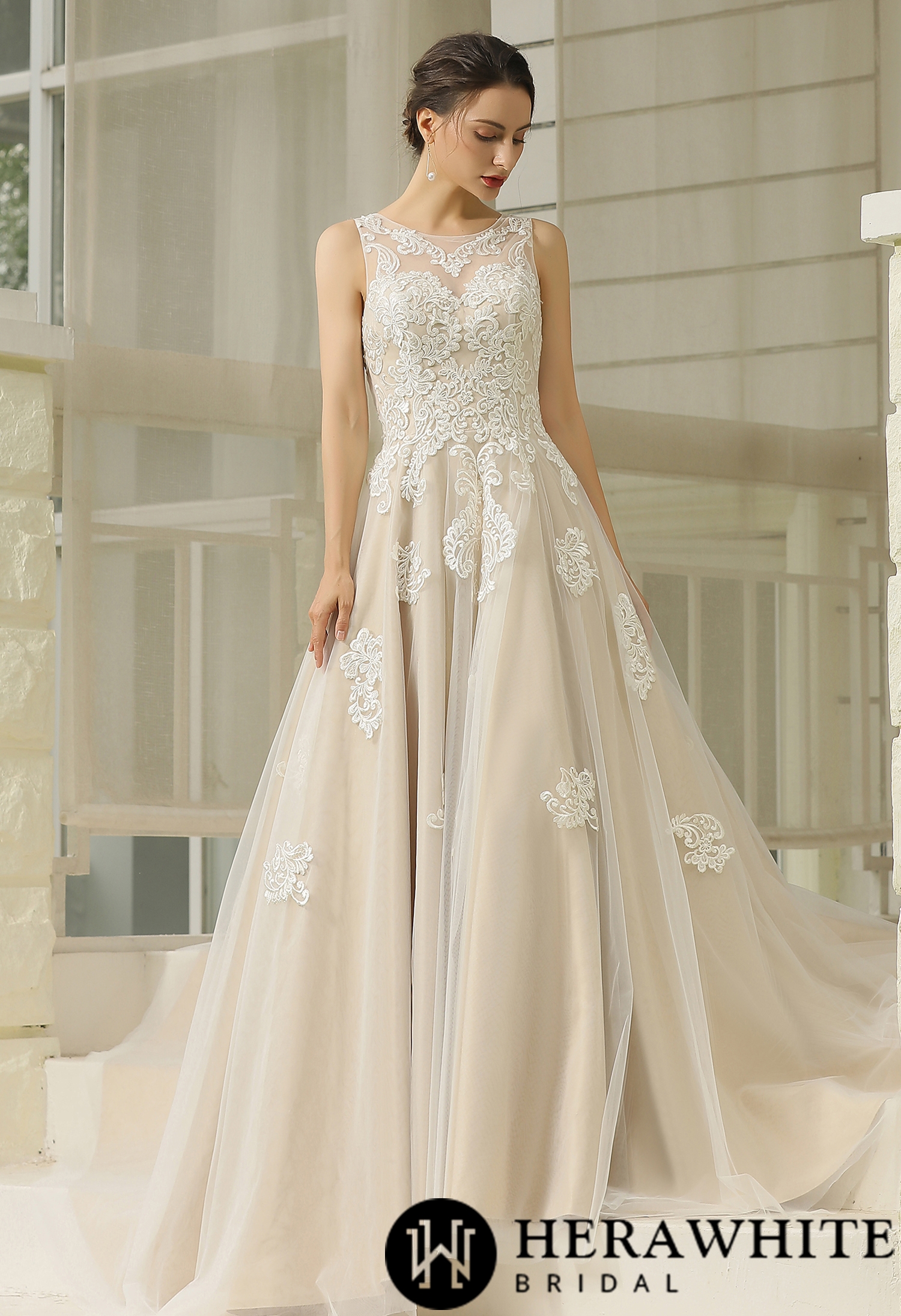 illusion halter wedding dress T202053 Illusion Halter Neckline Sequin Lace & Tulle Wedding Dress