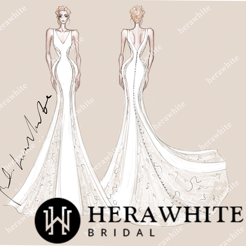 Designer V-Neck Sleeveless Fishtail Patchwork Lace Wedding Dress Sketch