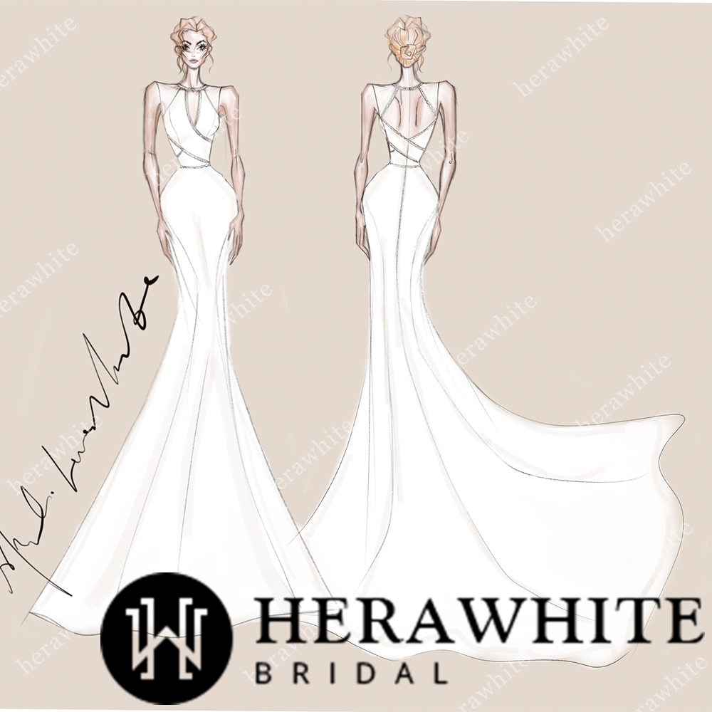 chinese dress ladies Illusion Neck Designer Lace Mermaid Wedding Dress Sketch