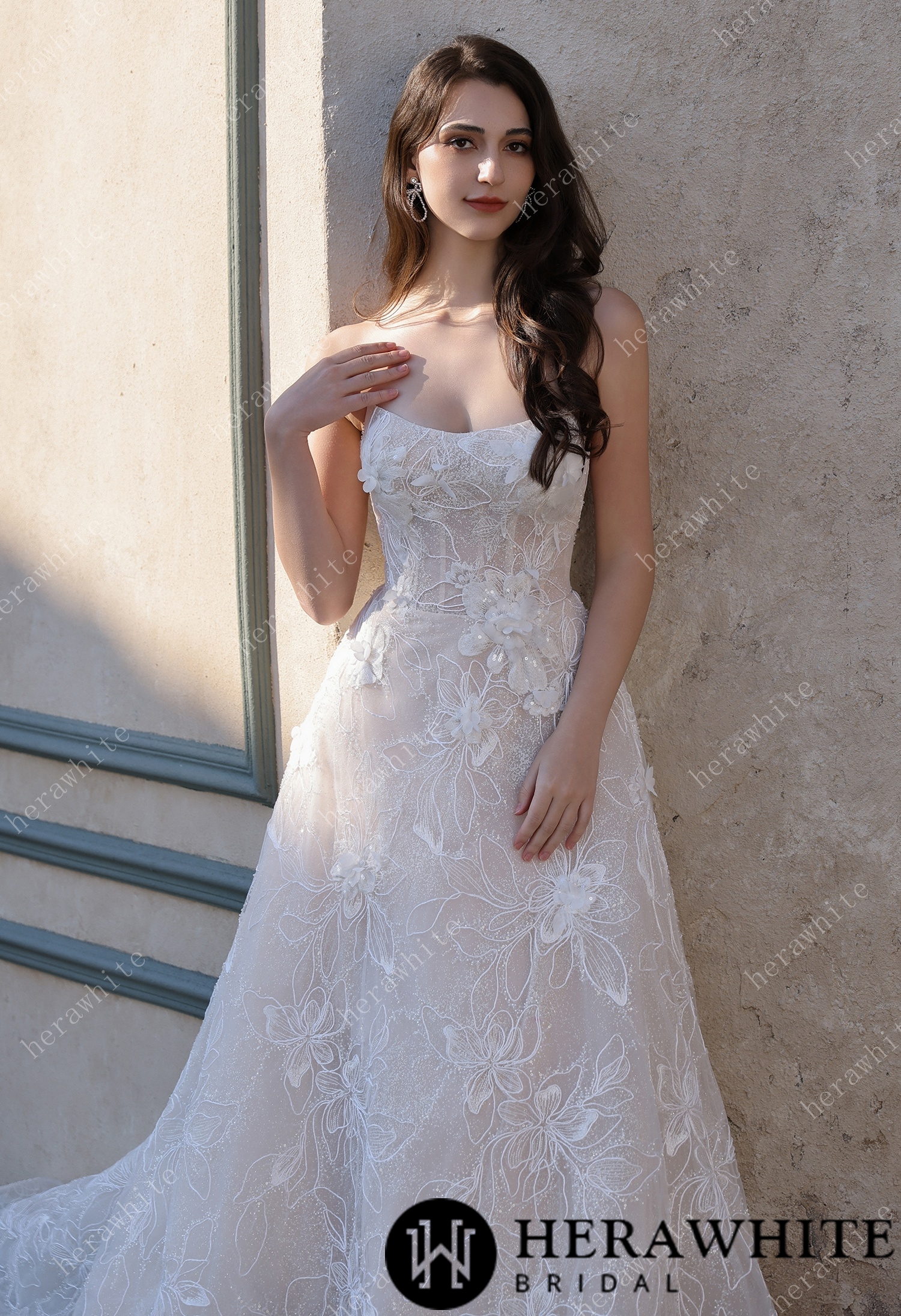 lace wedding dress with sequins Azazie Empiria Wedding Dress