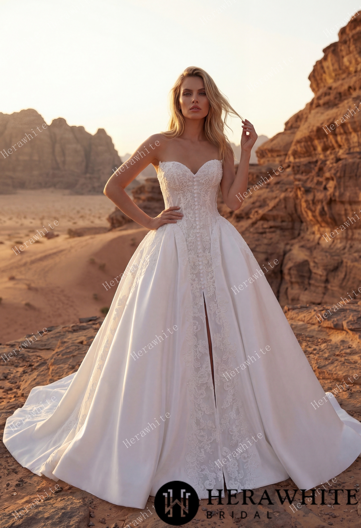 Strapless Sweetheart Lace & Satin Ball Wedding Dress with Cathedral Train Strapless Sweetheart Lace & Satin Ball Wedding Dress with Cathedral Train